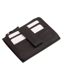 Fekete színű, praktikus, többfunkciós, kellemes tapintású valódi bőr, La Scala márkás, kártyatartó, aprópénztartóval, patenttel zárható külső átkapcsolóval