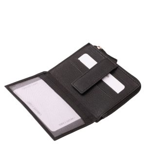 Fekete színű, praktikus, többfunkciós, kellemes tapintású valódi bőr, La Scala márkás, kártyatartó, aprópénztartóval, patenttel zárható külső átkapcsolóval