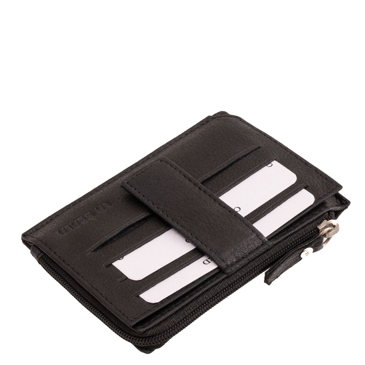 Fekete színű, praktikus, többfunkciós, kellemes tapintású valódi bőr, La Scala márkás, kártyatartó, aprópénztartóval, patenttel zárható külső átkapcsolóval