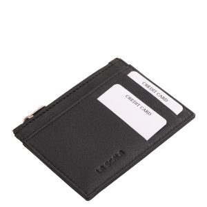 Minőségi, valódi bőr, La Scala márkás, fekete színben készült, kompakt kártyatartó, több férőhelyes kártyatartó résszel, irattartóval, cipzáras rekesszel