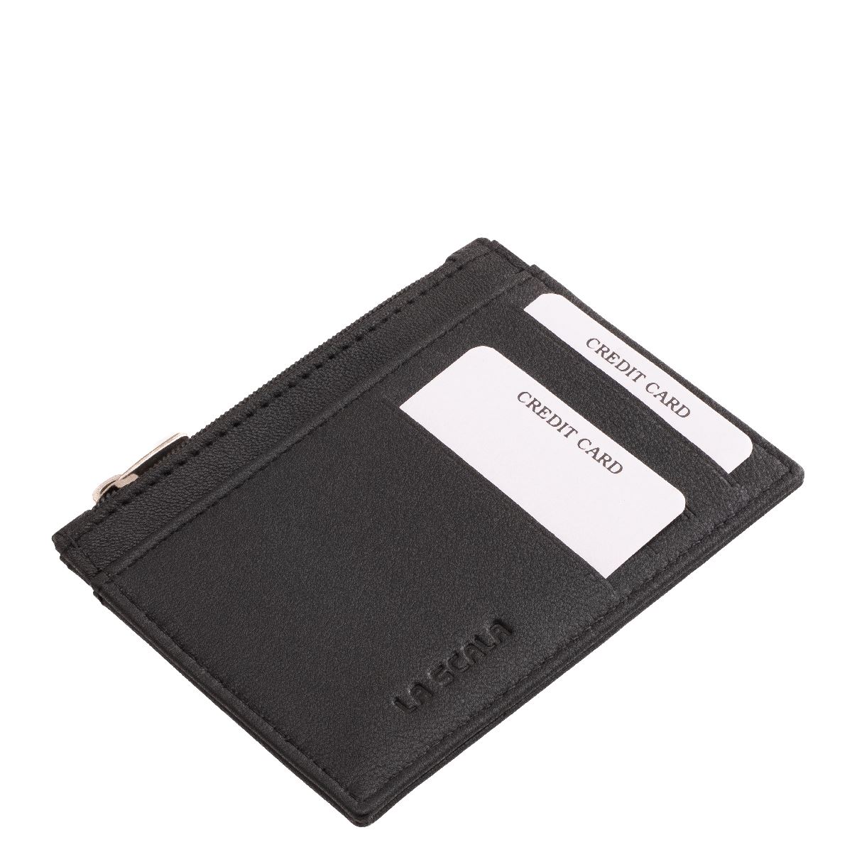 bor-kartyatarto-cipzaras-rekesszel-#-3180-#-fekete-01 Minőségi, valódi bőr, La Scala márkás, fekete színben készült, kompakt kártyatartó, több férőhelyes kártyatartó résszel, irattartóval, cipzáras rekesszel