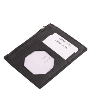 Minőségi, valódi bőr, La Scala márkás, fekete színben készült, kompakt kártyatartó, több férőhelyes kártyatartó résszel, irattartóval, cipzáras rekesszel