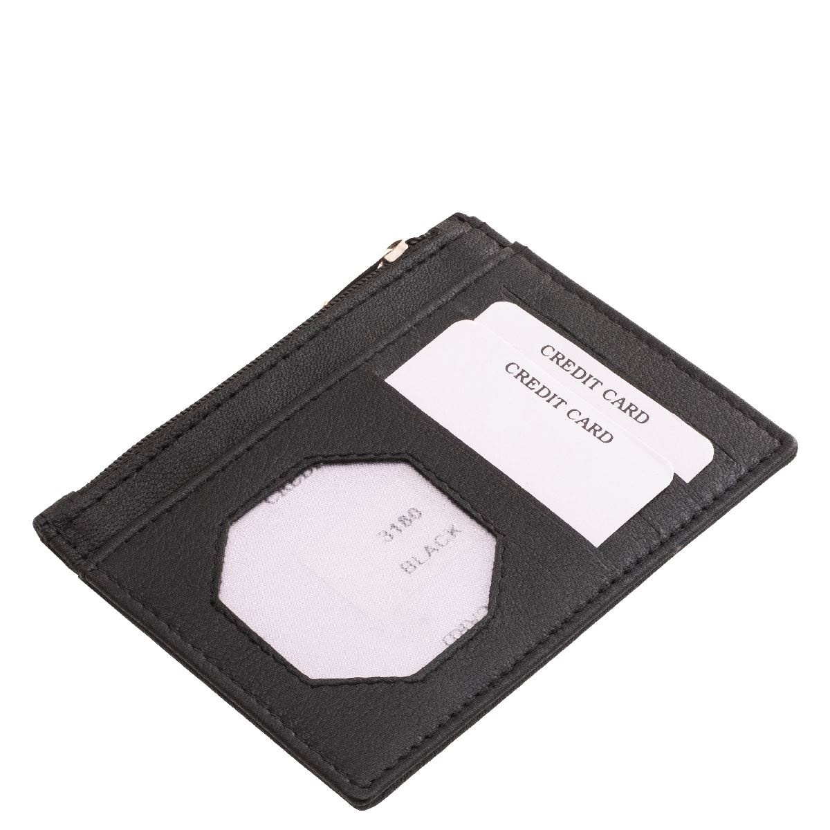 Minőségi, valódi bőr, La Scala márkás, fekete színben készült, kompakt kártyatartó, több férőhelyes kártyatartó résszel, irattartóval, cipzáras rekesszel