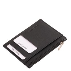 Minőségi, valódi bőr, La Scala márkás, fekete színben készült, kompakt kártyatartó, több férőhelyes kártyatartó résszel, irattartóval, cipzáras rekesszel