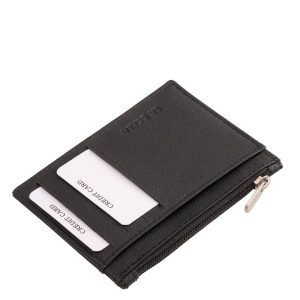 Minőségi, valódi bőr, La Scala márkás, fekete színben készült, kompakt kártyatartó, több férőhelyes kártyatartó résszel, irattartóval, cipzáras rekesszel