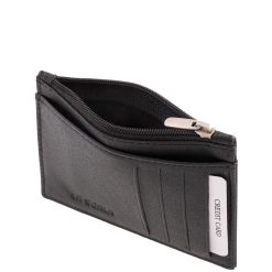 Minőségi, valódi bőr, La Scala márkás, fekete színben készült, kompakt kártyatartó, több férőhelyes kártyatartó résszel, irattartóval, cipzáras rekesszel