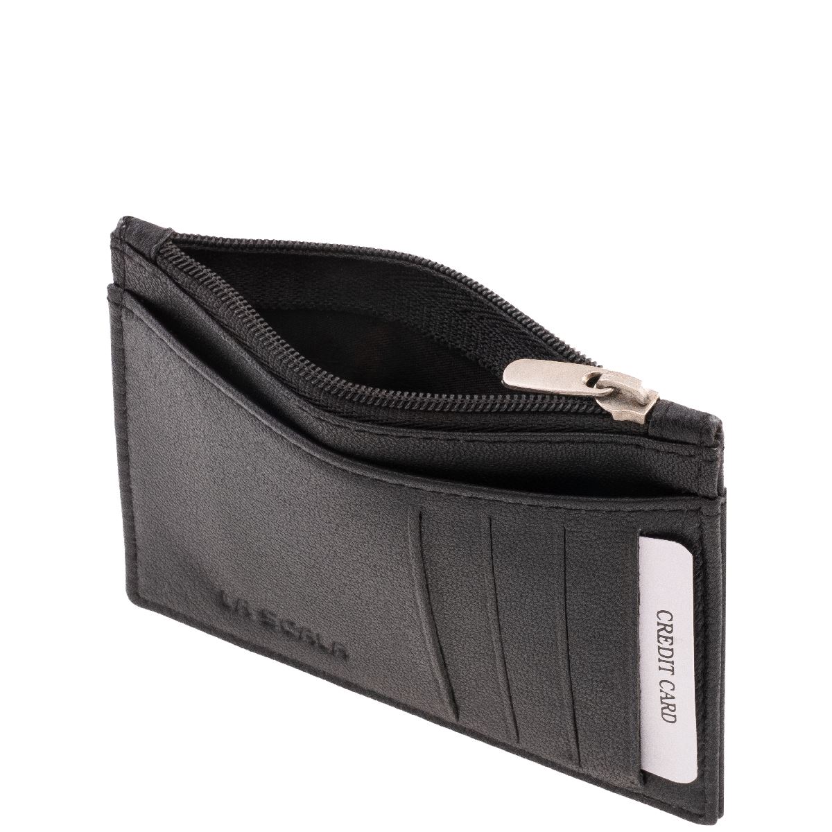 bor-kartyatarto-cipzaras-rekesszel-#-3180-#-fekete-05 Minőségi, valódi bőr, La Scala márkás, fekete színben készült, kompakt kártyatartó, több férőhelyes kártyatartó résszel, irattartóval, cipzáras rekesszel