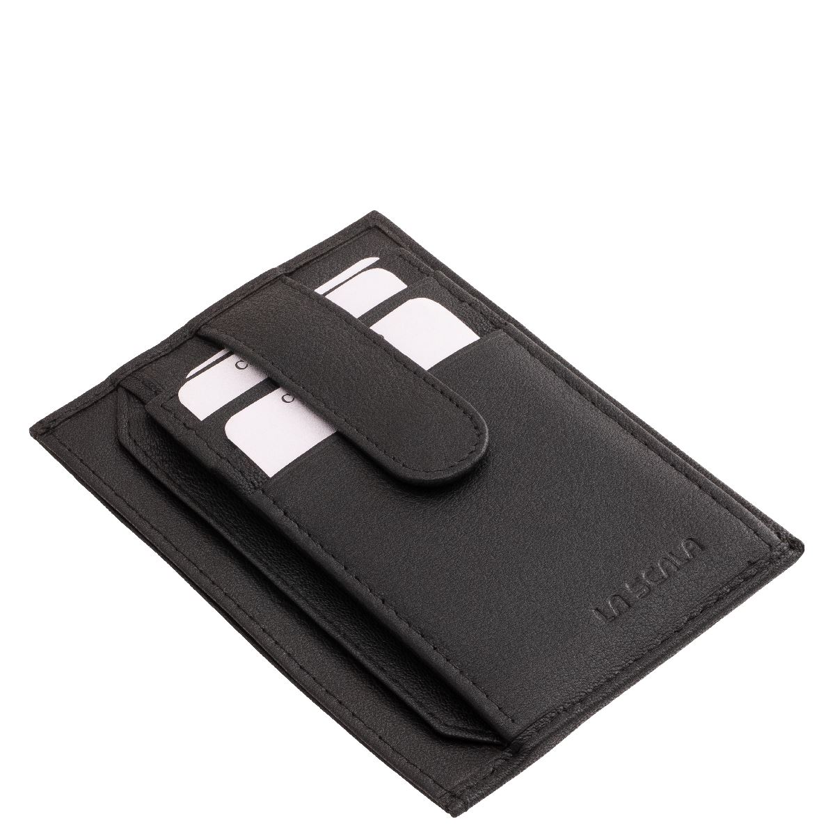 bor-kartyatarto-patentos-lenyillo-rekesszel-#-3188-#-fekete-01 La Scala márkás, prémium minőségű valódi bőr, fekete színű, jól kihasználható, oldalra nyitható kártyatartó, irattartó hellyel, külső átkapcsolóval