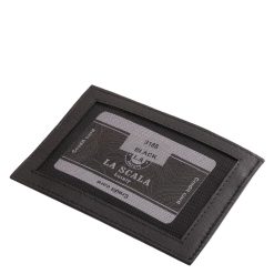 La Scala márkás, prémium minőségű valódi bőr, fekete színű, jól kihasználható, oldalra nyitható kártyatartó, irattartó hellyel, külső átkapcsolóval