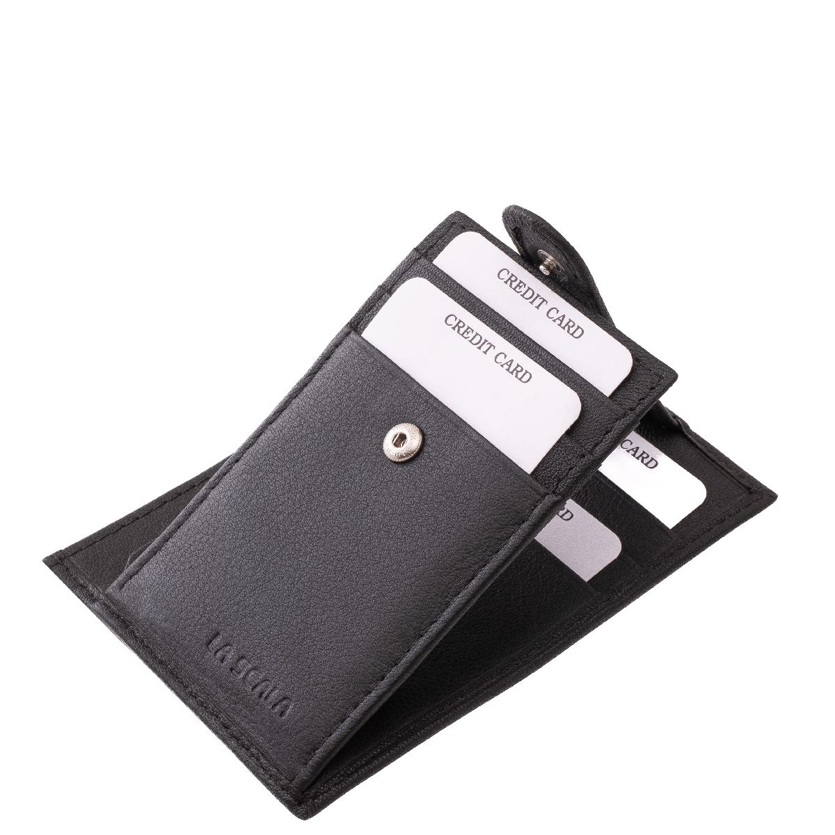 La Scala márkás, prémium minőségű valódi bőr, fekete színű, jól kihasználható, oldalra nyitható kártyatartó, irattartó hellyel, külső átkapcsolóval