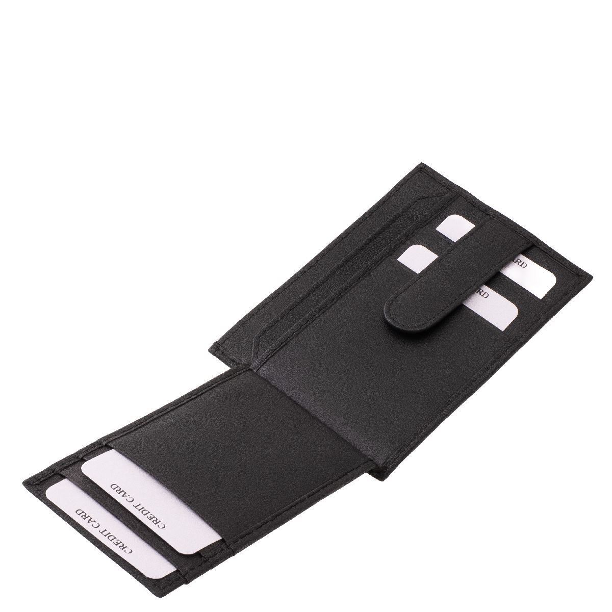 La Scala márkás, prémium minőségű valódi bőr, fekete színű, jól kihasználható, oldalra nyitható kártyatartó, irattartó hellyel, külső átkapcsolóval