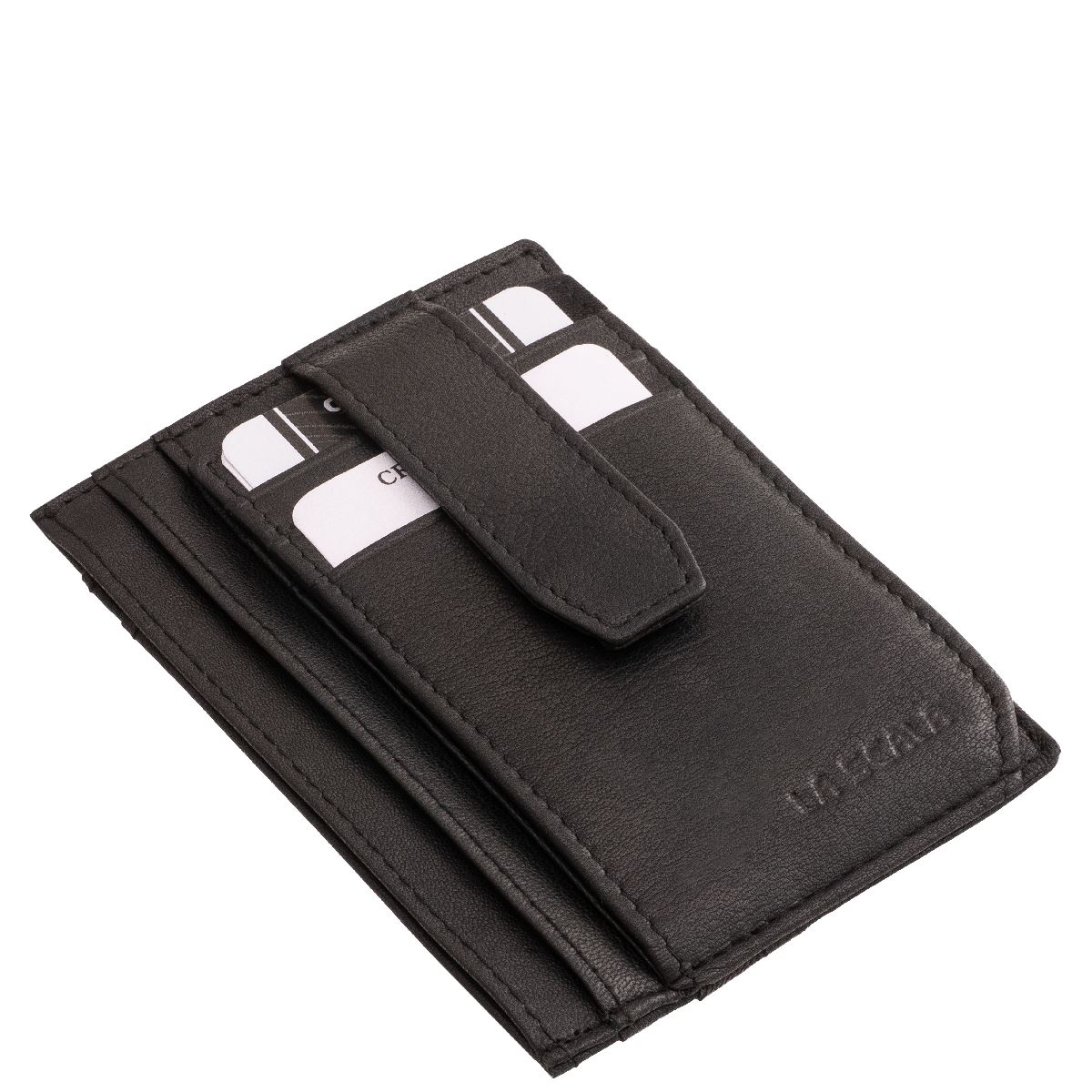Kiváló minőségű, jól kihasználható, gondosan válogatott valódi bőrből készült, bőr kártyatartó , fekete színben, praktikus külső átkapcsolóval.