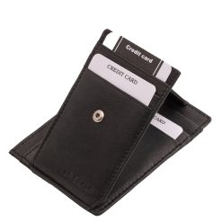Kiváló minőségű, jól kihasználható, gondosan válogatott valódi bőrből készült, bőr kártyatartó , fekete színben, praktikus külső átkapcsolóval.