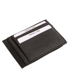 Kiváló minőségű, jól kihasználható, gondosan válogatott valódi bőrből készült, bőr kártyatartó , fekete színben, praktikus külső átkapcsolóval.