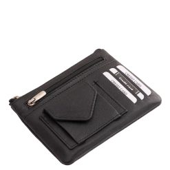 Kiváló minőségű, valódi bőr, fekete színű, La Scala márkás, sokoldalú, kulcstartó, kártyatartó helyekkel és aprópénztartóval, elején praktikus érme tartóval