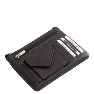 Kiváló minőségű, valódi bőr, fekete színű, La Scala márkás, sokoldalú, kulcstartó, kártyatartó helyekkel és aprópénztartóval, elején praktikus érme tartóval