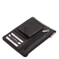 Kiváló minőségű, valódi bőr, fekete színű, La Scala márkás, sokoldalú, kulcstartó, kártyatartó helyekkel és aprópénztartóval, elején praktikus érme tartóval