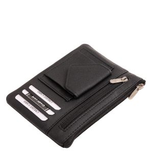 Kiváló minőségű, valódi bőr, fekete színű, La Scala márkás, sokoldalú, kulcstartó, kártyatartó helyekkel és aprópénztartóval, elején praktikus érme tartóval