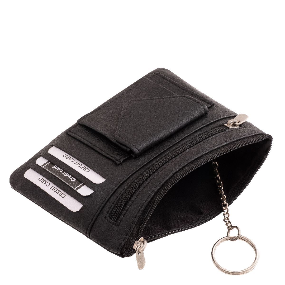 Kiváló minőségű, valódi bőr, fekete színű, La Scala márkás, sokoldalú, kulcstartó, kártyatartó helyekkel és aprópénztartóval, elején praktikus érme tartóval