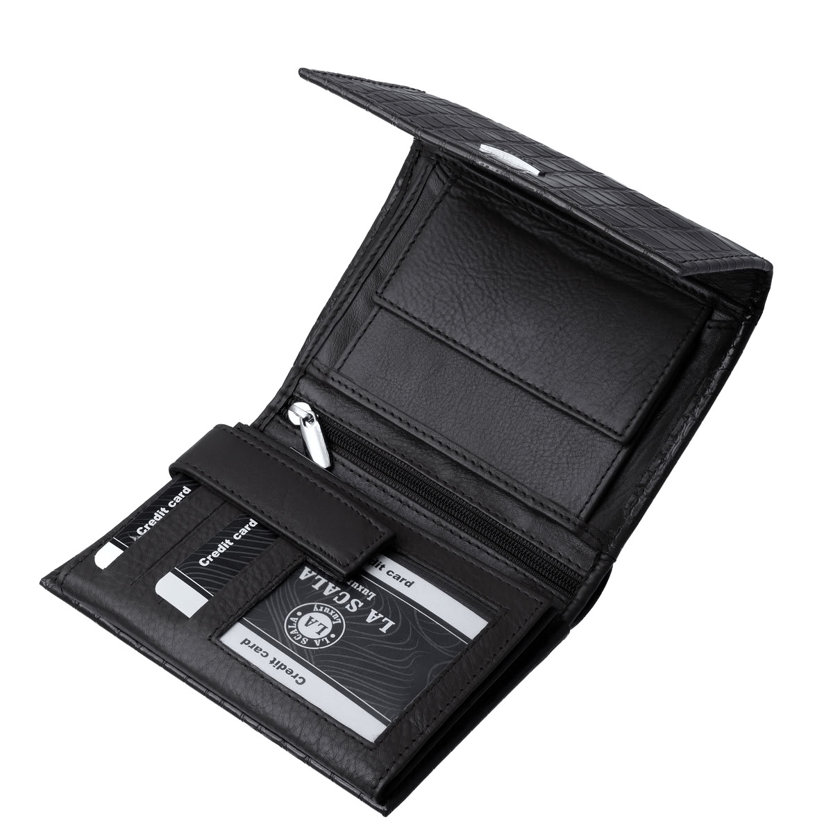 croco-mintas-noi-bor-penztarca-diszdobozban-La-Scala-#-CRO1251-#-fekete-05 Elegáns megjelenésű igazán divatos croco mintás női valódi bőr pénztárca modellünk egy sokoldalú, kis méretű modell, díszdobozos kivitelben.