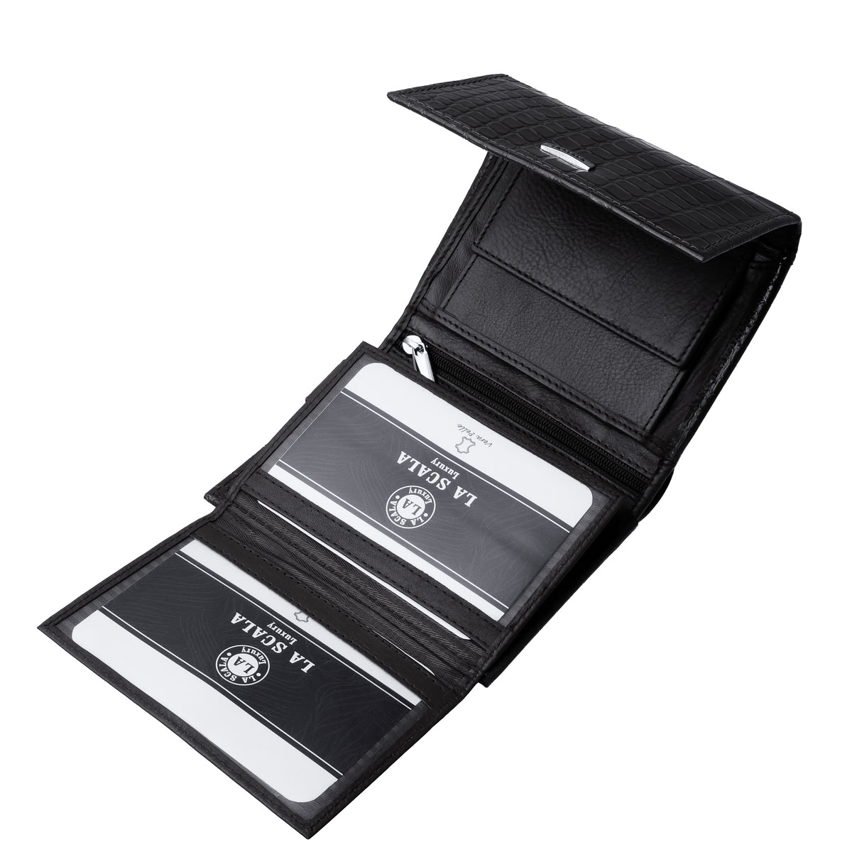 croco-mintas-noi-bor-penztarca-diszdobozban-La-Scala-#-CRO1251-#-fekete-06 Elegáns megjelenésű igazán divatos croco mintás női valódi bőr pénztárca modellünk egy sokoldalú, kis méretű modell, díszdobozos kivitelben.