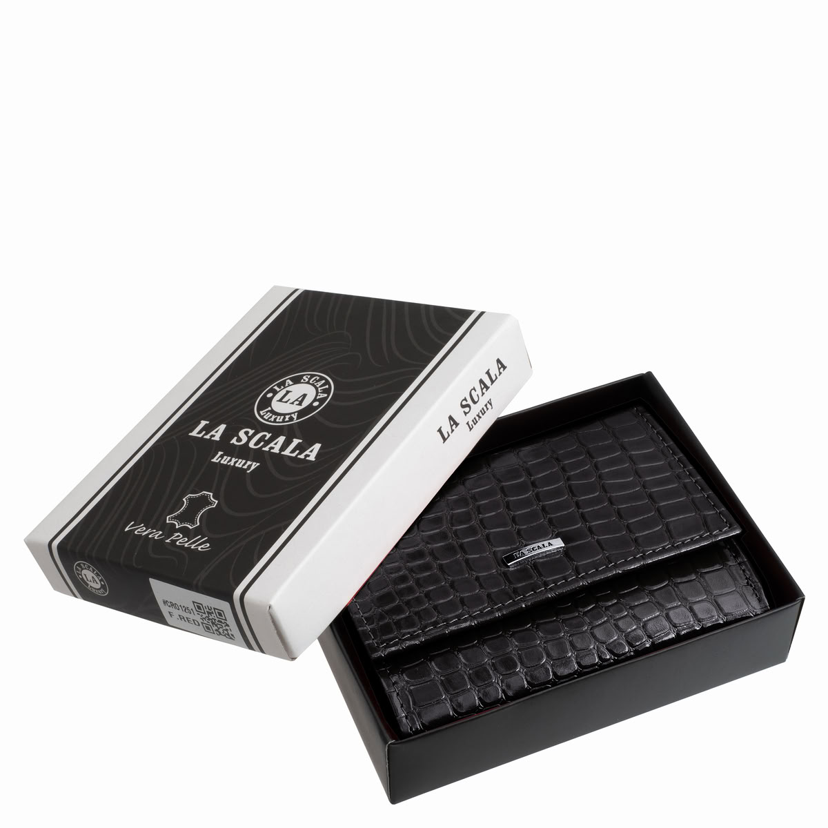 croco-mintas-noi-bor-penztarca-diszdobozban-La-Scala-#-CRO1251-#-fekete-08 Elegáns megjelenésű igazán divatos croco mintás női valódi bőr pénztárca modellünk egy sokoldalú, kis méretű modell, díszdobozos kivitelben.