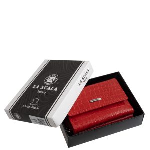 Kiváló minőségű, divatos, valódi bőr, croco mintás, fényes, kis méretű női pénztárca modell, fedél részén La Scala fémlogóval, díszdobozban szállítva.