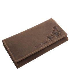 Karakteres, valódi bőr női pénztárca modell, sarkában egy elegáns kis virágos benyomás látható, nagy méretű modellünk, praktikus díszdobozos kivitelben