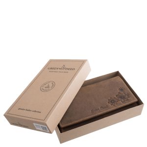 Karakteres, valódi bőr női pénztárca modell, sarkában egy elegáns kis virágos benyomás látható, nagy méretű modellünk, praktikus díszdobozos kivitelben