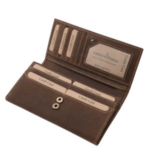 Karakteres, valódi bőr női pénztárca modell, sarkában egy elegáns kis virágos benyomás látható, nagy méretű modellünk, praktikus díszdobozos kivitelben