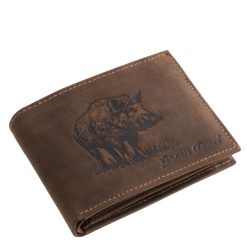 Valódi bőr férfi pénztárca, amelynek fedelét részletgazdag, vaddisznót ábrázoló minta díszíti, kis méretű és praktikus kialakítású modell.