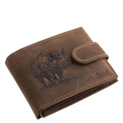 Valódi bőr férfi pénztárca, amelynek fedelét részletgazdag, vaddisznót ábrázoló minta díszíti, praktikus kisméretű GreenDeed modell.