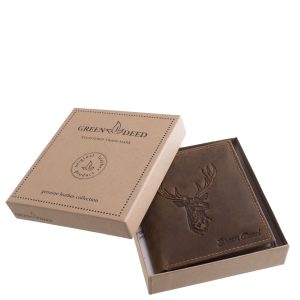 Valódi bőr férfi irattartó pénztárca szarvasfej mintás fedéllel vadászoknak és természetbarátoknak praktikus ajándék díszdobozos csomagolással rendelkezik.