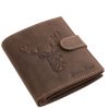 Valódi bőr férfi irattartó pénztárca díszdobozos kivitelben, amely modellünk fedelét impozáns szarvasfej mintás benyomás díszíti.