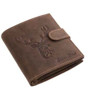 Valódi bőr férfi irattartó pénztárca díszdobozos kivitelben, amely modellünk fedelét impozáns szarvasfej mintás benyomás díszíti.