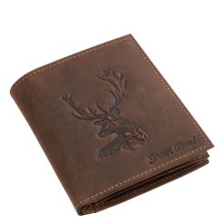 Valódi bőr férfi irattartó pénztárca, amelynek fedelét dámszarvas fej motívum díszíti – vadászoknak és természetbarátoknak praktikus, stílusos ajándék.