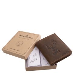 Valódi bőr férfi irattartó pénztárca, amelynek fedelét dámszarvas fej motívum díszíti – vadászoknak és természetbarátoknak praktikus, stílusos ajándék.