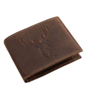 Valódi bőr férfi pénztárca, amelyet a fedelén elhelyezett szarvasfej mintás benyomás díszít és a GreenDeed motívumos pénztárcacsalád kisméretű tagja.