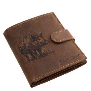 Valódi bőr férfi irattartó pénztárca, amelynek fedelét részletgazdag vaddisznó motívum díszíti, stílusos GreenDeed díszdobozos modell.