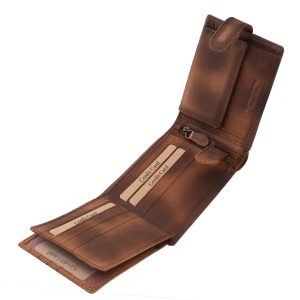 Antikolt, vintage stílusban gyártott valódi bőr férfi pénztárca modell a GreenDeed új kollekciójából, hozzá illő minőségi díszdobozban.