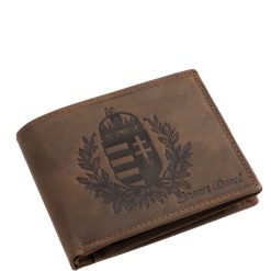 Valódi bőr férfi pénztárca magyar címer mintával, melyet részletgazdag koszorú motívum ölel körbe, a GreenDeed márkacsalád díszdobozos terméke.