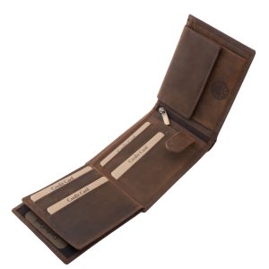 Valódi bőr férfi pénztárca magyar címer mintával, melyet részletgazdag koszorú motívum ölel körbe, a GreenDeed márkacsalád díszdobozos terméke.