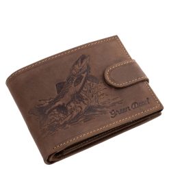 GreenDeed márkás, valódi bőr férfi pénztárca a horgászat és a természet kedvelőinek készült, csuka mintás fedéllel rajta patentos átkapcsoló pánttal.