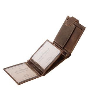 GreenDeed márkás, valódi bőr férfi pénztárca a horgászat és a természet kedvelőinek készült, csuka mintás fedéllel rajta patentos átkapcsoló pánttal.