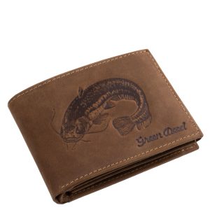 Barna színű GREENDEED márkás horgász férfi bőr pénztárca természetes kikészítésű, vintage hatású minőségi bőrből mintás külsővel.