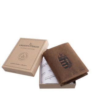 Magyar címer mintás, valódi bőr férfi irattartó pénztárca a GreenDeed márkacsalád természetes megjelenésű, hazafias stílusú modellje.