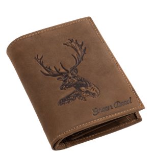 Álló kivitelű, valódi bőr szarvasfej mintás férfi irattartó pénztárca a GreenDeed márkacsalád természetes megjelenésű modellje a vadon ihlette stílusban