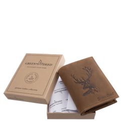 Álló kivitelű, valódi bőr szarvasfej mintás férfi irattartó pénztárca a GreenDeed márkacsalád természetes megjelenésű modellje a vadon ihlette stílusban