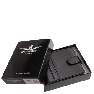 CORVO BIANCO Luxury márkás kisméretű, elegáns stílusú férfi bőr pénztárca modell, stílusos díszdobozban, fedelén átkapcsoló pánttal.