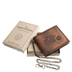 Ez a prémium minőségű, valódi bőr férfi pénztárca a vintage motoros stílus legjavát képviseli, karabineres lánccal, GreenDeed díszdobozban.